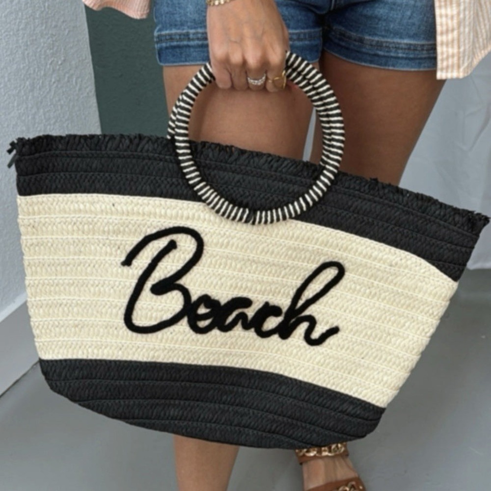 Black & Tan Twill Beach Handbag Tote‎